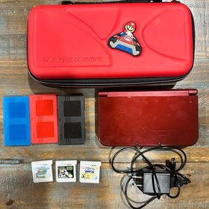 Red Nintendo 3DS with Case, Charger, and 3 - 3DS games